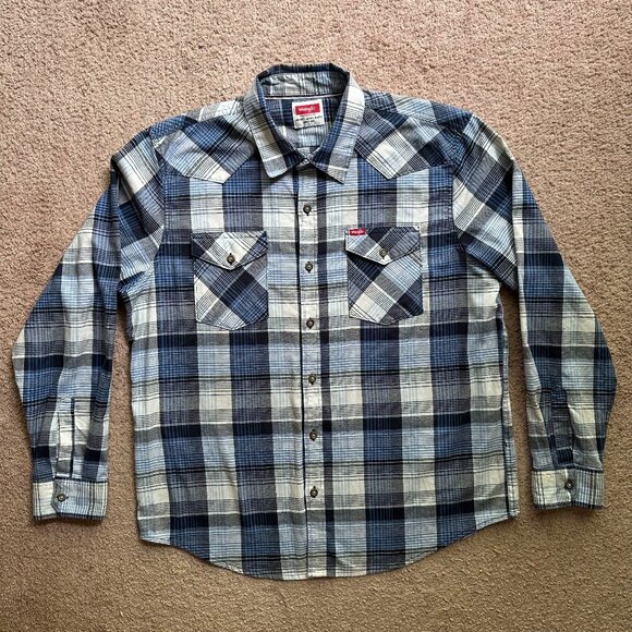 Wrangler Shirt Mens XL Button Up Long Sleeve Spread Collar Blue Plaid Pockets - Picture 1 of 12